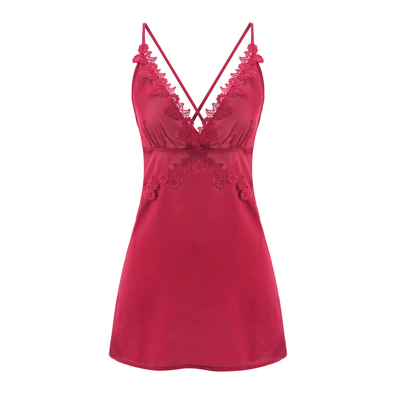 Elegant red satin nightgown featuring delicate lace detailing and adjustable straps.
