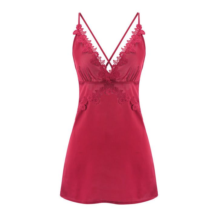 Elegant red satin nightgown featuring delicate lace detailing and adjustable straps.