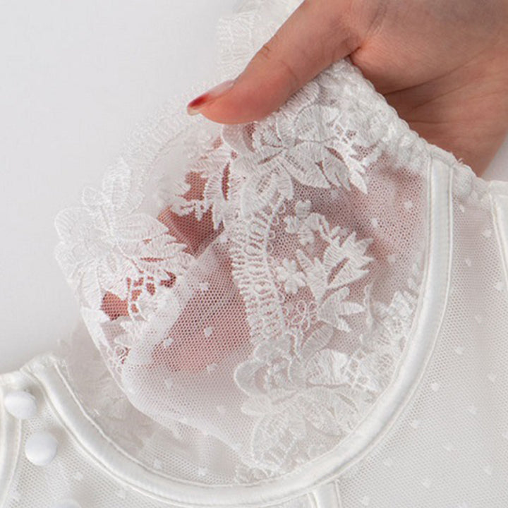 Delicate white lace lingerie with intricate floral patterns and polka dot details, showcased in a close-up view.