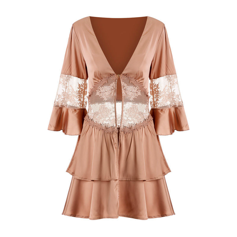 Satin lingerie robe with lace detail and flared sleeves in a soft nude color, featuring a plunging neckline and tiered design for a stylish and elegant look.
