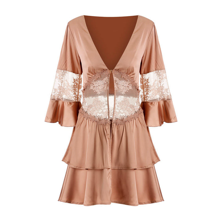 Satin lingerie robe with lace detail and flared sleeves in a soft nude color, featuring a plunging neckline and tiered design for a stylish and elegant look.