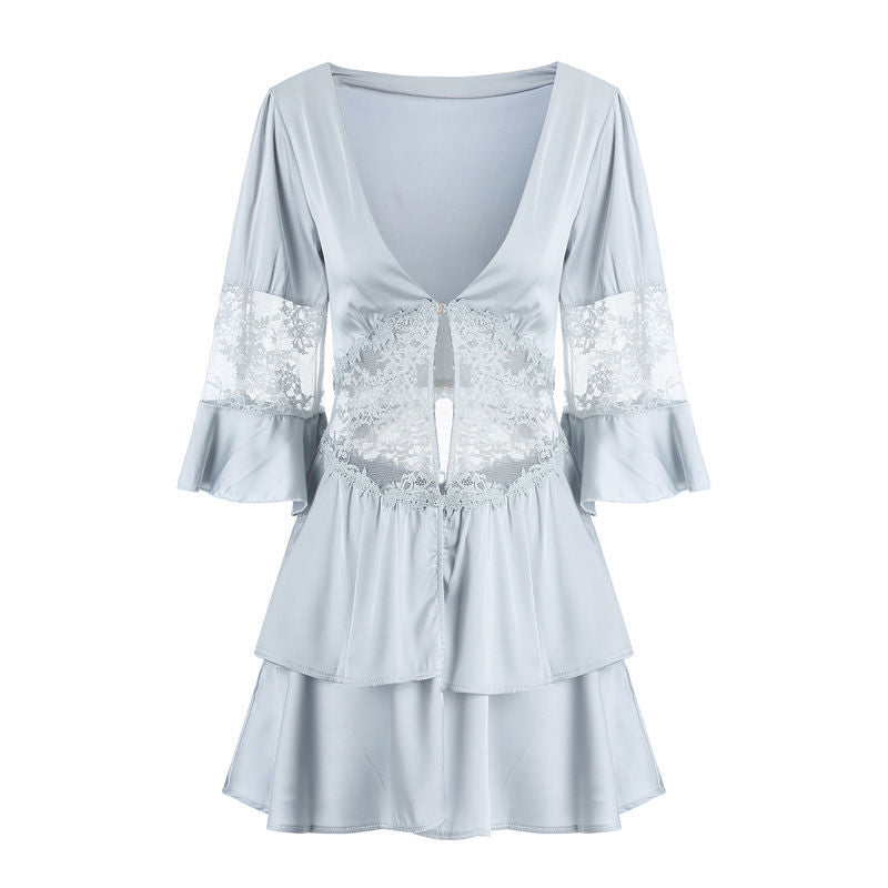 Light blue lace and satin nightdress with a plunging neckline and bell sleeves, featuring layered ruffles and a front keyhole detail.