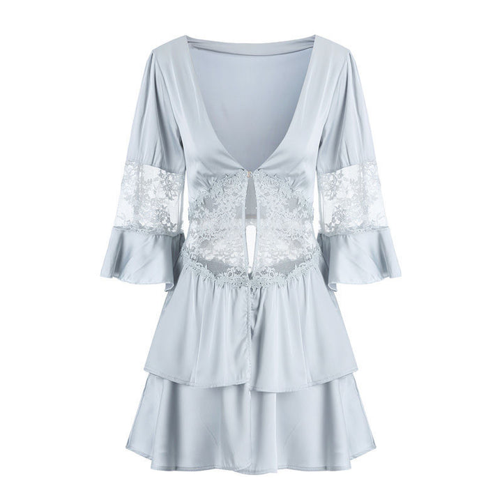 Light blue lace and satin nightdress with a plunging neckline and bell sleeves, featuring layered ruffles and a front keyhole detail.
