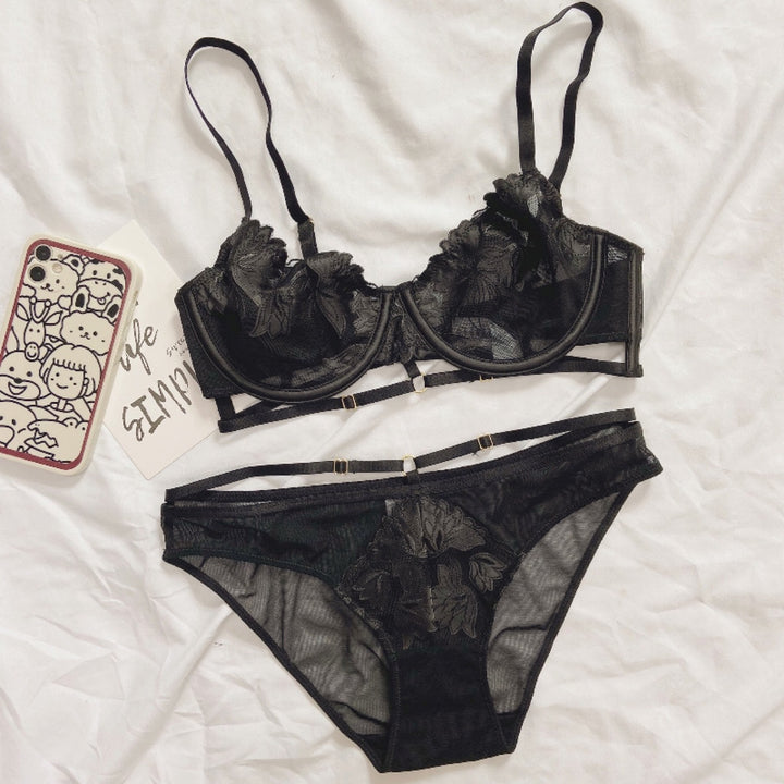 Black lace bra and matching panty set featuring floral embroidery on sheer fabric.