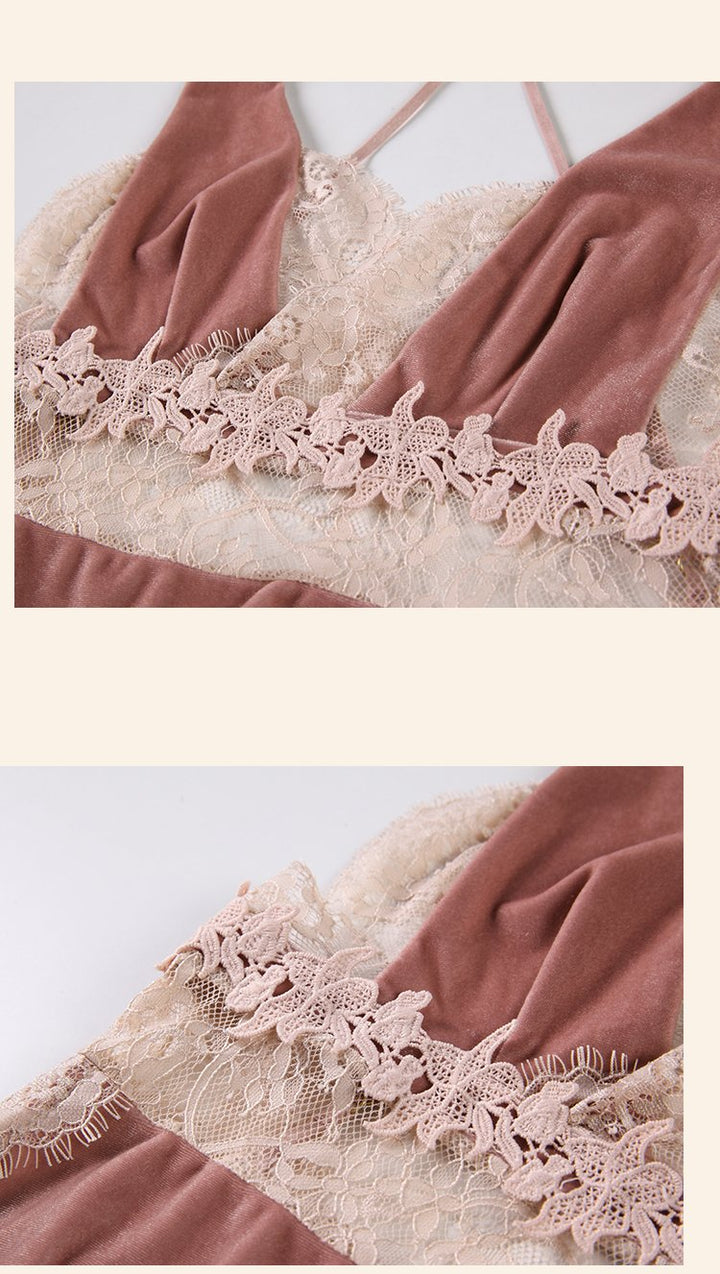 Elegant lace and velvet lingerie featuring a delicate floral design, perfect for a romantic evening.