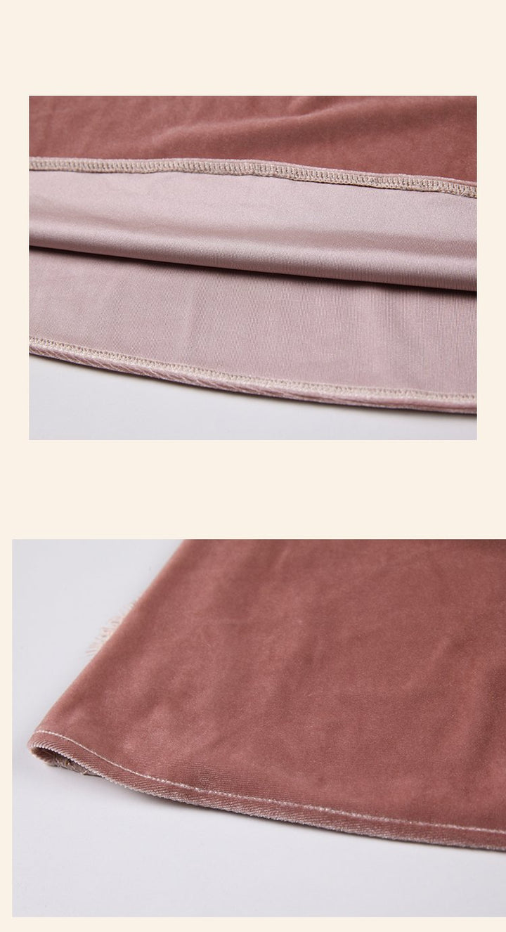 Close-up view of the soft, luxurious fabric and stitching detail of a rose-colored lingerie nightwear piece.