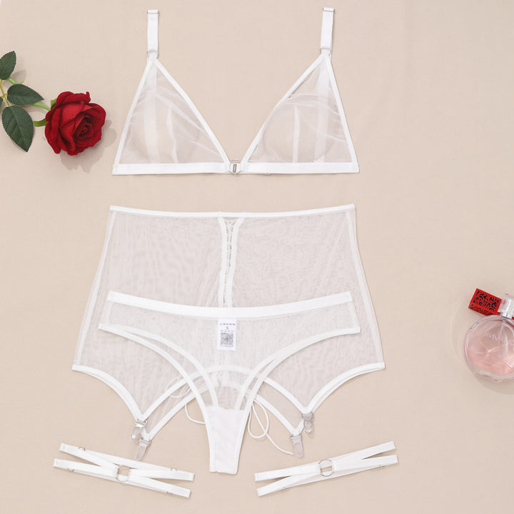 Sheer white lingerie set featuring a triangle bralette, high-waisted mesh panties, and adjustable garter straps, accompanied by a single red rose and