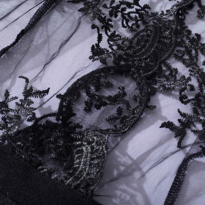 Detailed close-up of exquisite black floral lace overlay on sheer fabric for luxurious lingerie design.