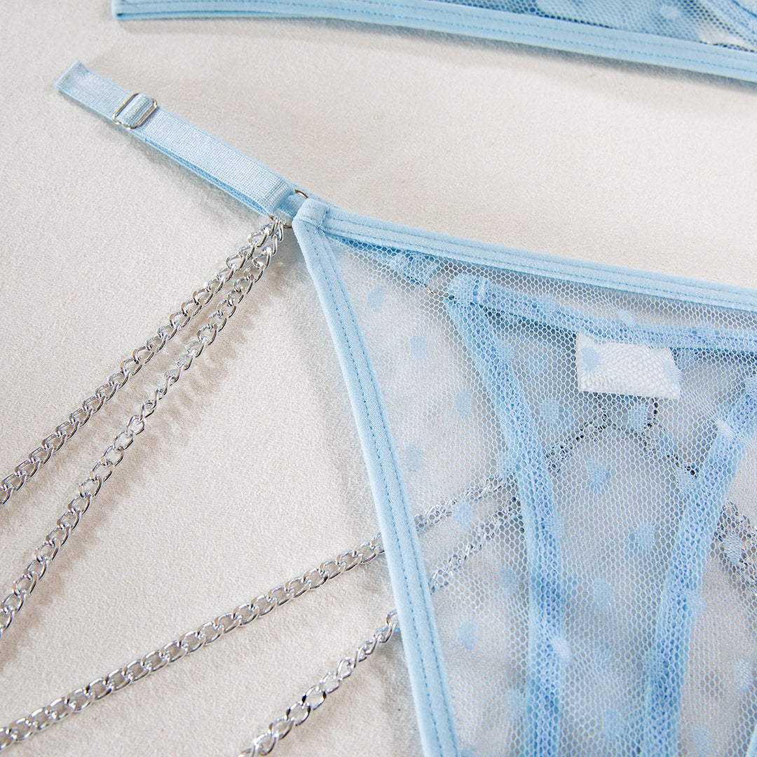 Light blue polka dot mesh lingerie set featuring delicate chain detailing and adjustable straps, perfect for a playful yet sensual look. Ideal for intimate wear or special