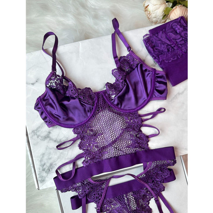 Purple lace lingerie set featuring a luxurious satin bra with intricate lace detailing and a stylish mesh bodysuit. Designed for elegance and comfort, this set is