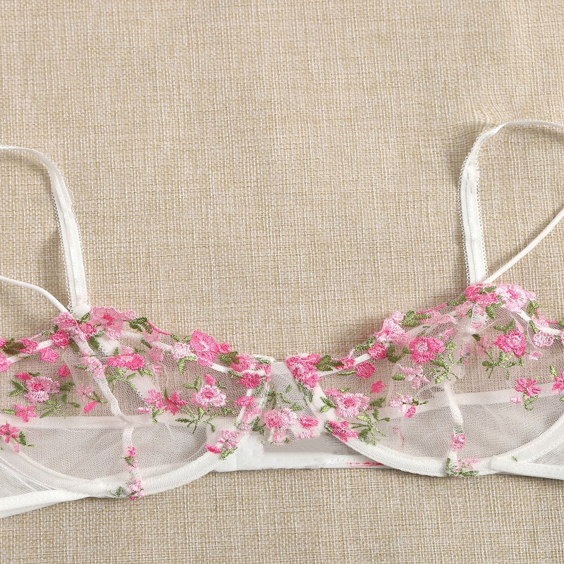 delicate floral embroidered lingerie bra with soft sheer cups, featuring intricate pink and green embroidery, designed for comfort and elegance, perfect for adding a touch of