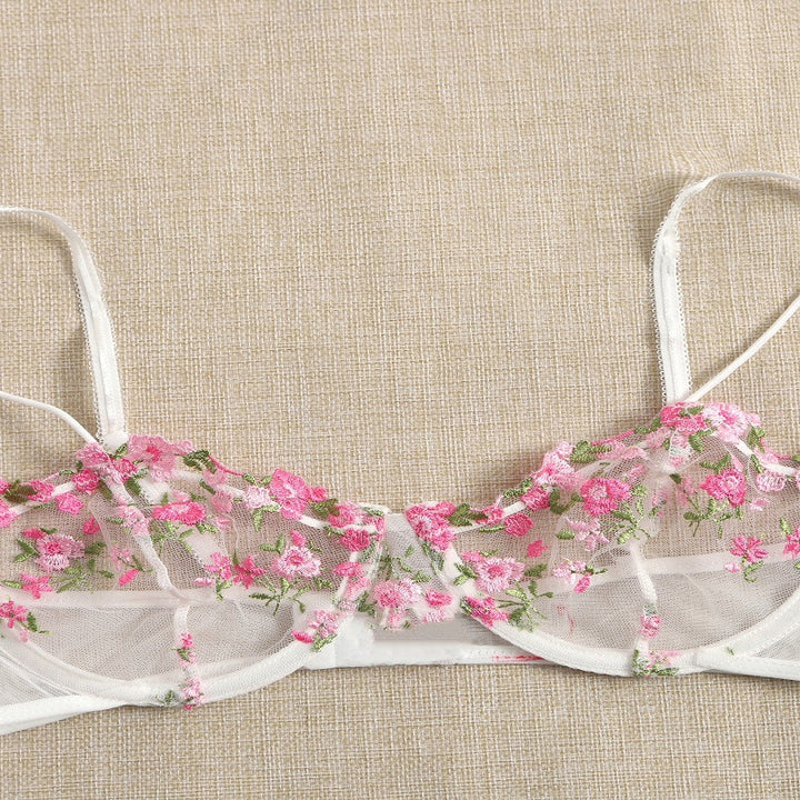 delicate floral embroidered lingerie bra with soft sheer cups, featuring intricate pink and green embroidery, designed for comfort and elegance, perfect for adding a touch of