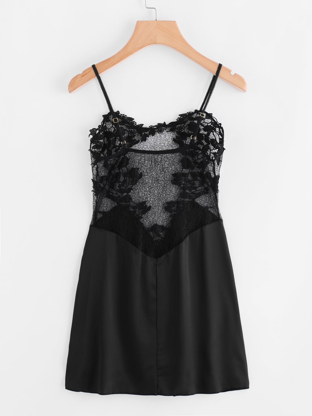 Black lace and satin lingerie dress featuring floral lace detailing, adjustable straps, and a smooth satin finish, perfect for romantic evenings or special occasions. Ideal for