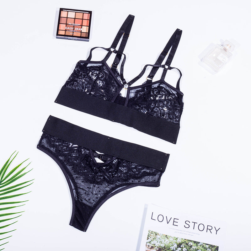 Black lace lingerie set featuring a stylish bra with a zip closure and flattering straps, paired with matching lace panties, perfect for enhancing your intimate apparel collection.