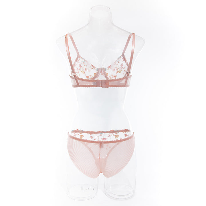 Floral print lingerie set featuring a sheer bralette with adjustable straps and matching brief, ideal for comfortable elegance.