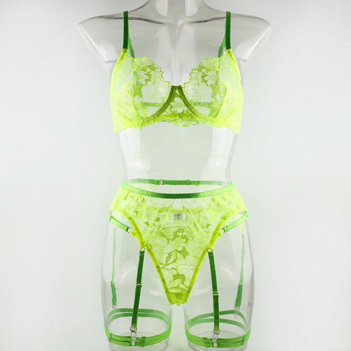 Neon green lace lingerie set featuring a floral design, adjustable straps, and matching garter belt.