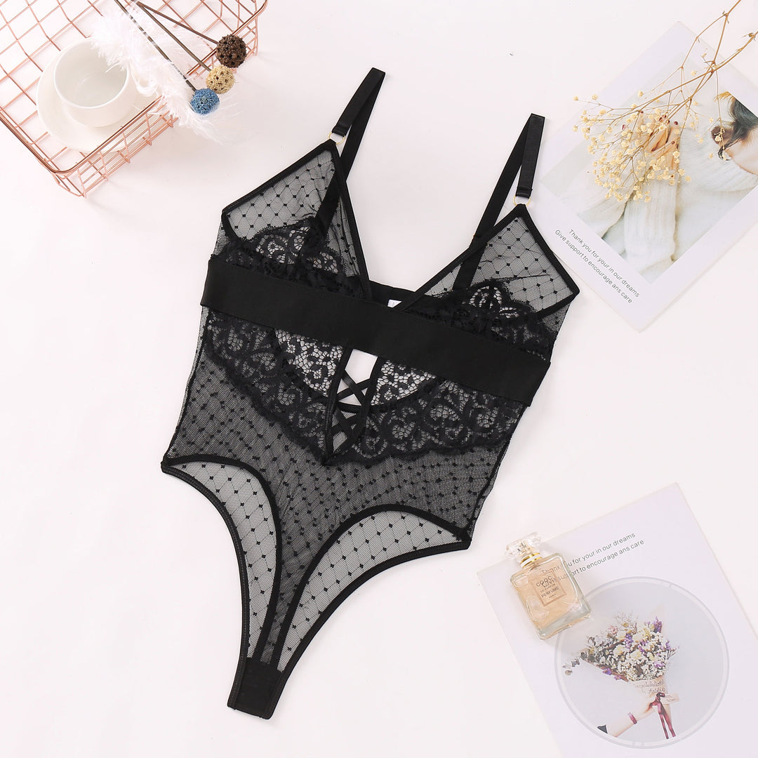 Black lace bodysuit featuring a delicate dotted mesh design, intricate floral lace details, and a flattering crisscross strapDetail, perfect for romantic occasions