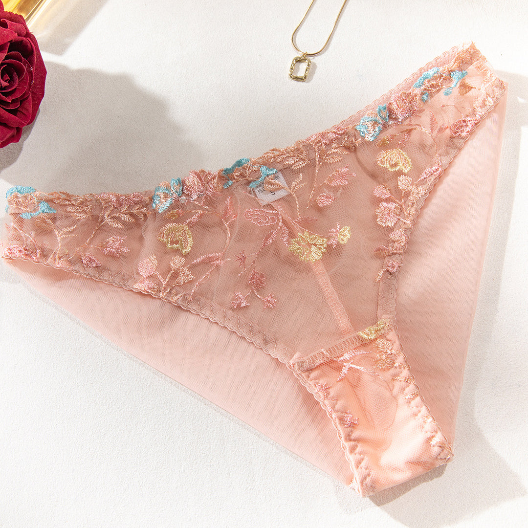 Peach embroidered lace panties with floral design, delicate and feminine, perfect for stylish comfort.