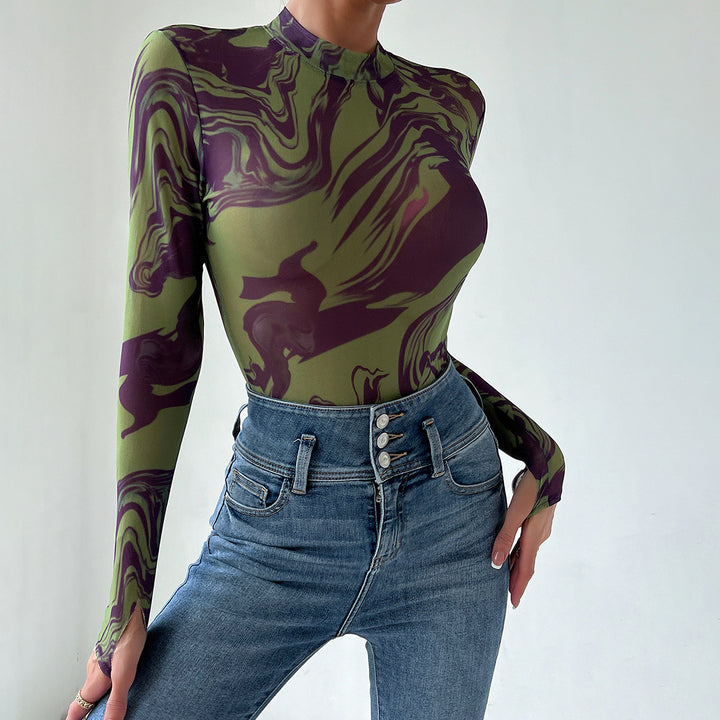 Lingerie bodysuit featuring a stylish green and purple marble pattern, long sleeves, and a high neckline, paired with high-waisted denim jeans