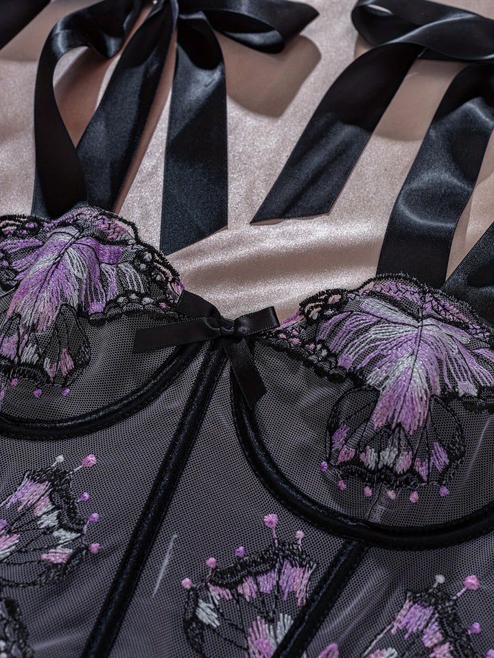 Butterfly-embroidered black mesh lingerie featuring elegant satin ribbons, designed to enhance allure and comfort, perfect for special occasions or intimate moments.