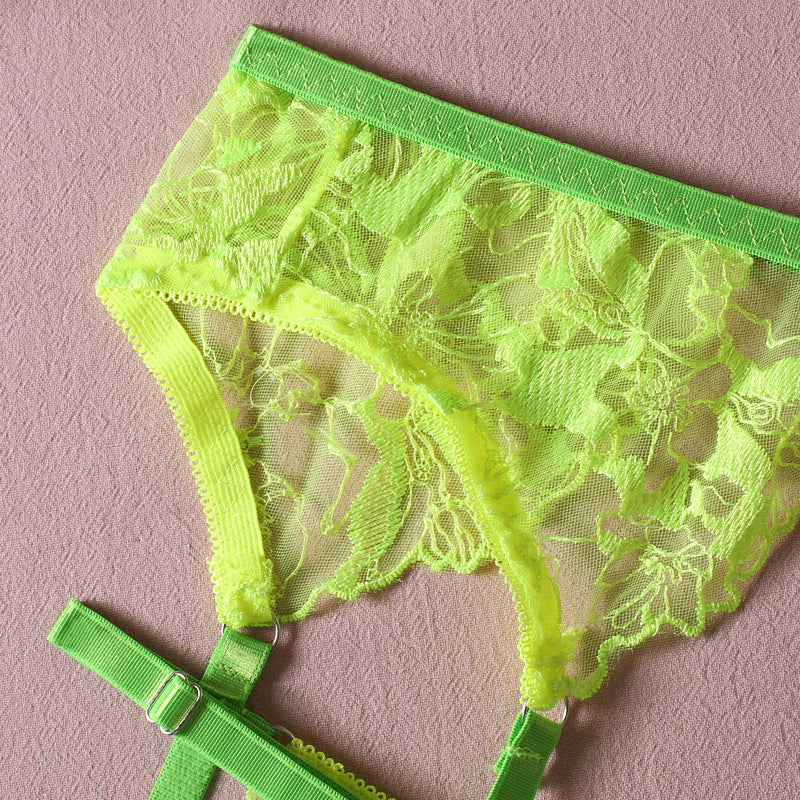 Neon green lace lingerie featuring a soft mesh design and adjustable straps, perfect for a vibrant and comfortable look.