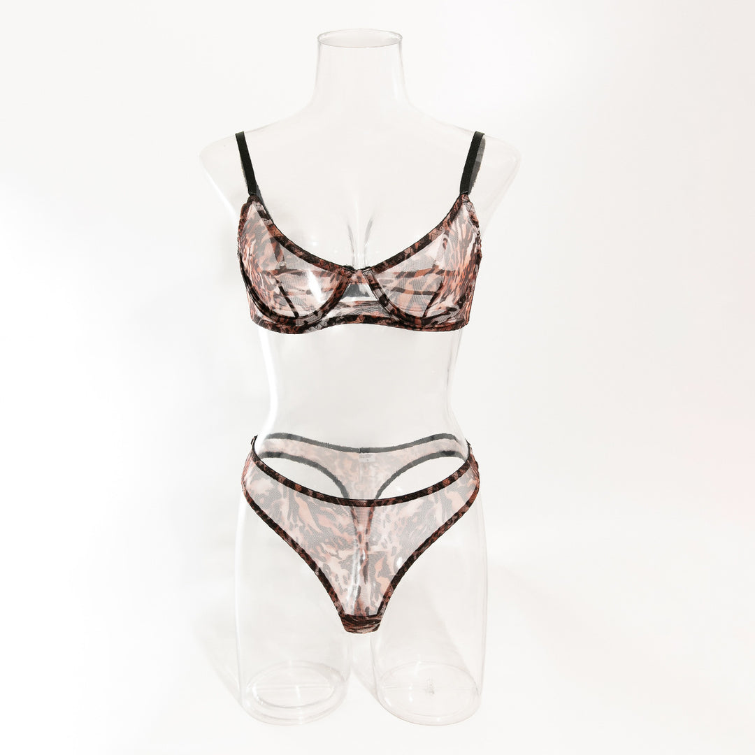 Sheer leopard print lingerie set featuring a soft cup bra and matching thong, designed for comfort and style.