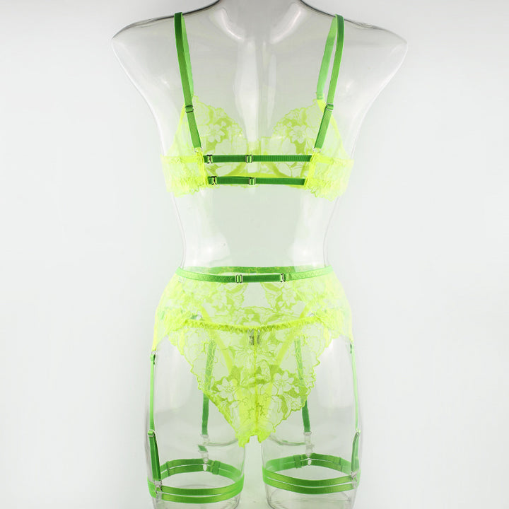 Neon green lace lingerie set featuring adjustable straps and floral design, perfect for a stylish and sensual look.