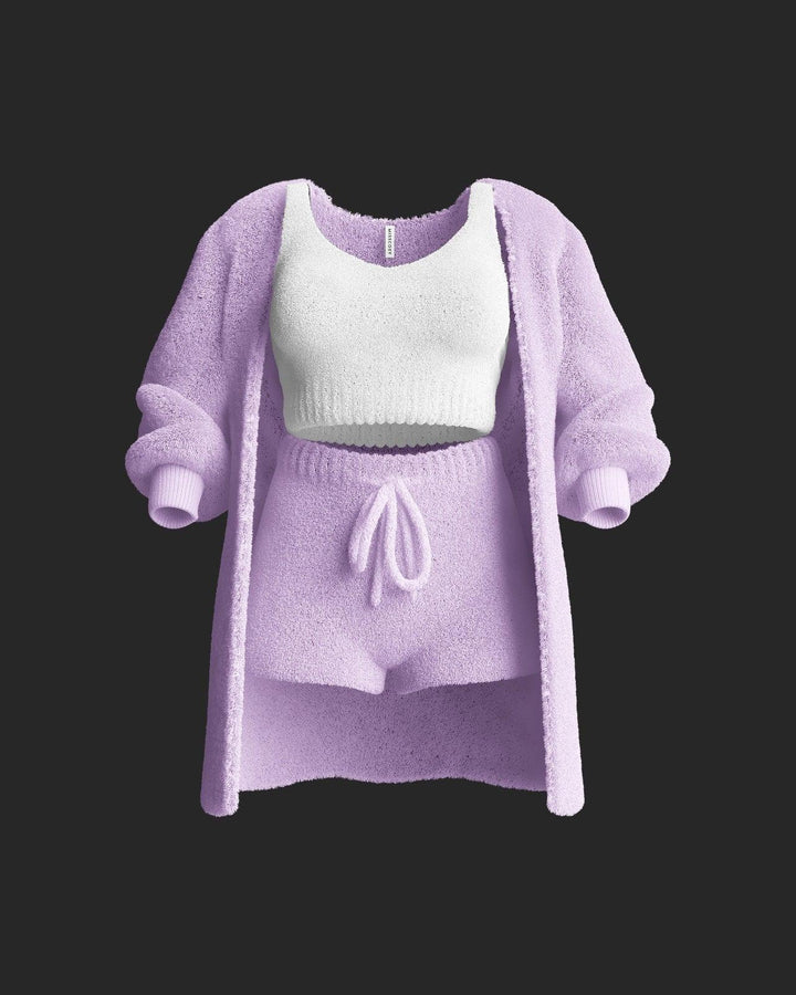 Lilac cozy two-piece knit loungewear set featuring a sleeveless crop top and drawstring shorts, layered with a matching open cardigan.