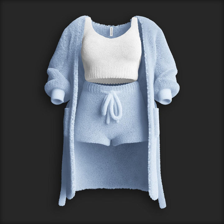 Light blue cozy three-piece loungewear set featuring a fluffy cardigan, a white crop top, and matching shorts.