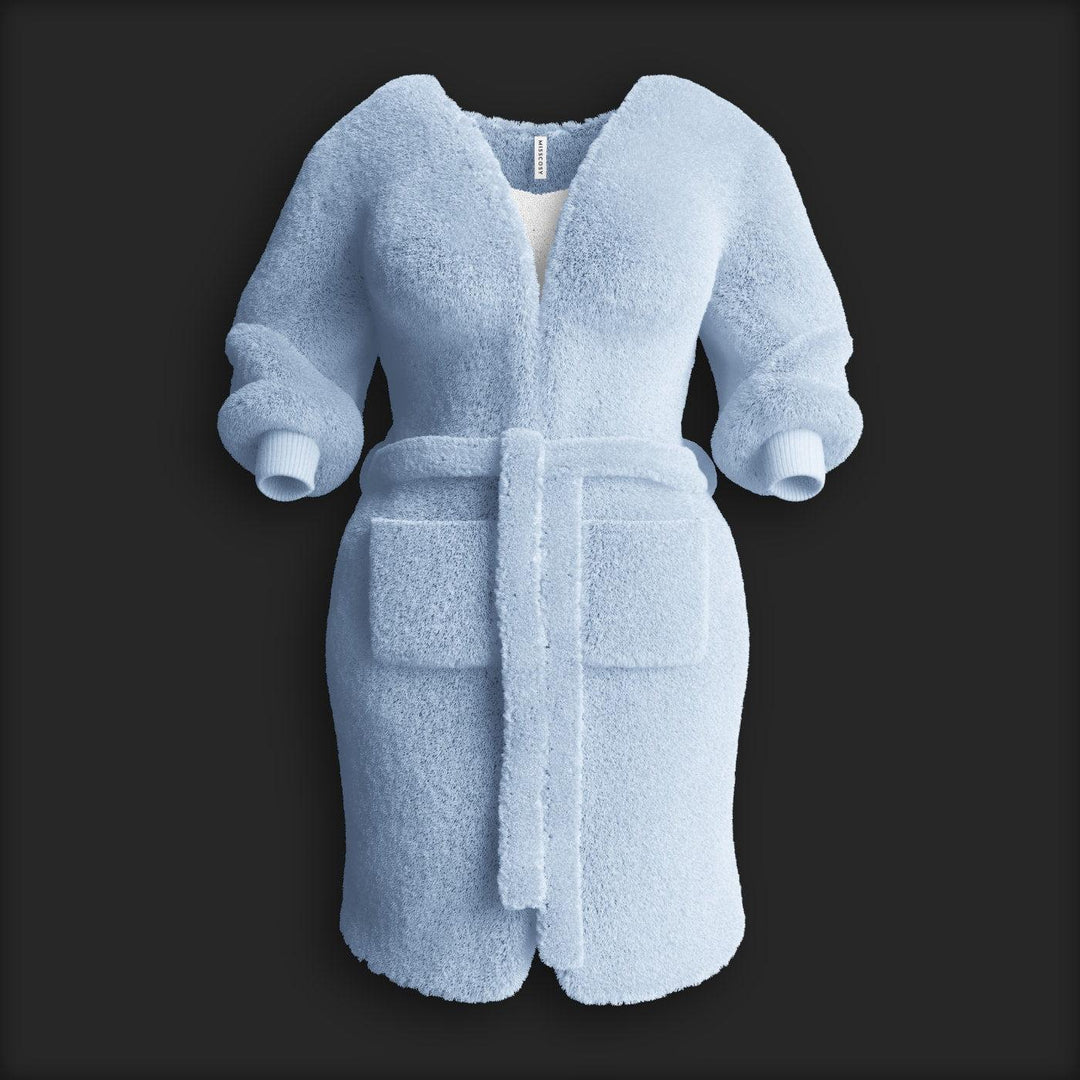 Light blue fluffy robe with a tie belt and two front pockets, perfect for cozy nights in.