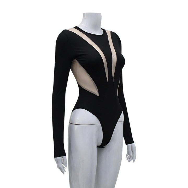 Long sleeve black bodysuit with nude panels, featuring a stylish cut-out design for a fashionable and seductive look.