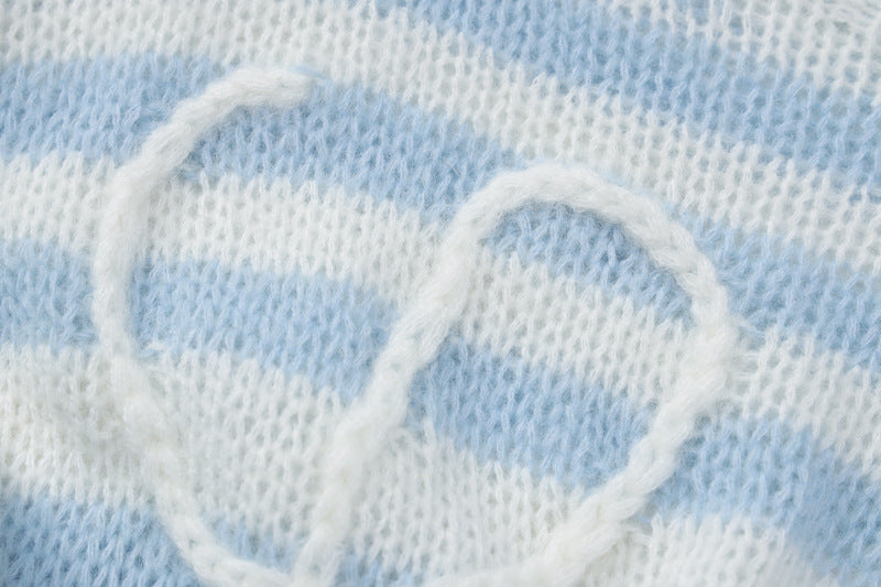 Light blue and white striped knitted lingerie with a loop detailing, perfect for cozy nights.