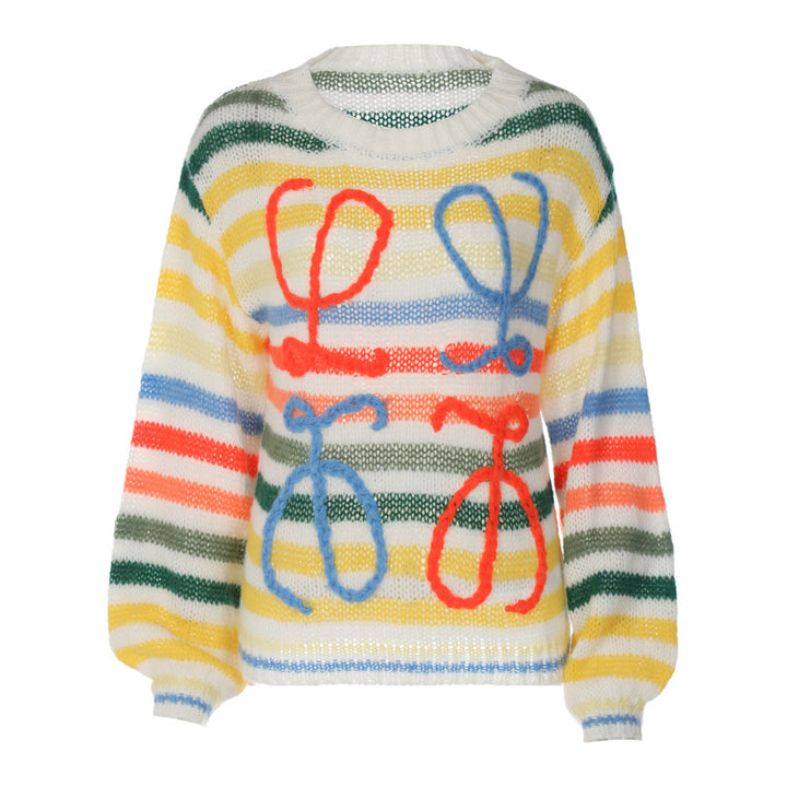 Colorful striped sweater featuring playful bow designs in vibrant hues, perfect for layering or casual wear.