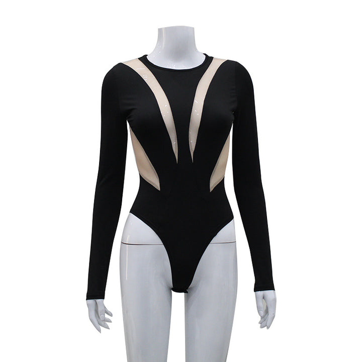 Long-sleeve black bodysuit with nude side panels, featuring a sleek and stylish design perfect for lingerie and nightwear collections.