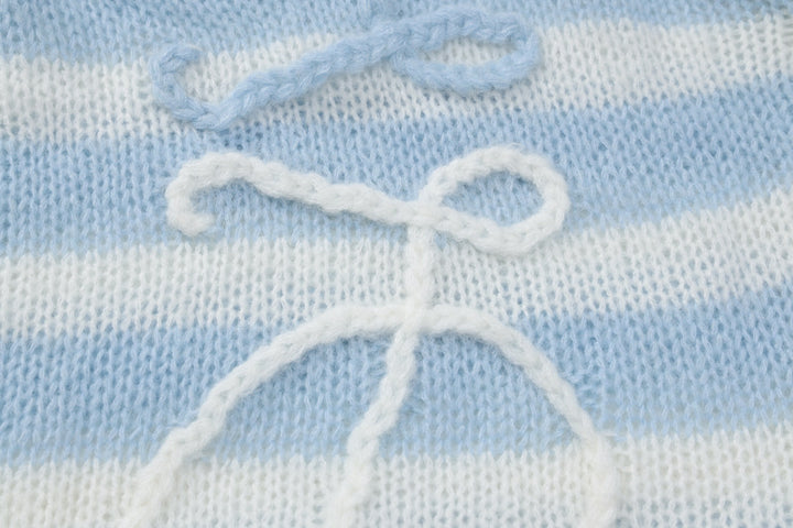 Blue and white striped knit fabric featuring delicate bow details.