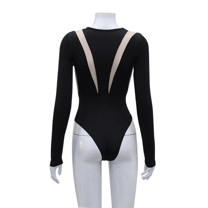 Black long-sleeve bodysuit with sheer panels, showcasing a sleek and modern design, perfect for layering or as stylish loungewear.