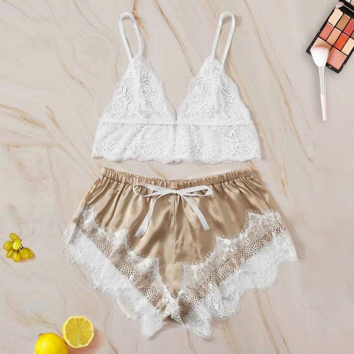 Lace bralette and satin shorts set in white and beige, featuring delicate lace trim and a comfortable elastic waistband, perfect for relaxing or sleepwear.