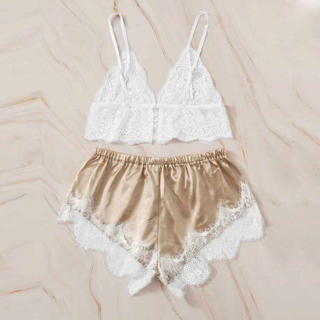 Lace bralette and satin shorts pajama set in white and gold, featuring delicate lace trim and a comfortable fit, perfect for sleepwear or lounging.