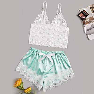 Lace trim camisole and satin shorts set in mint green, perfect for stylish and comfortable sleepwear.