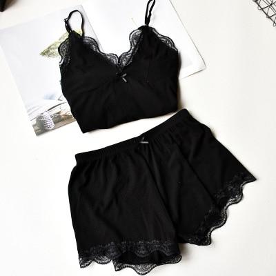 Black lace-trimmed camisole and shorts set for women, perfect for lingerie and nightwear.