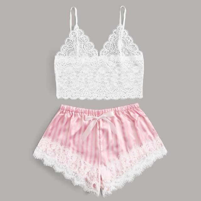 Lace crop top and pink striped shorts set with delicate lace trim for stylish loungewear.