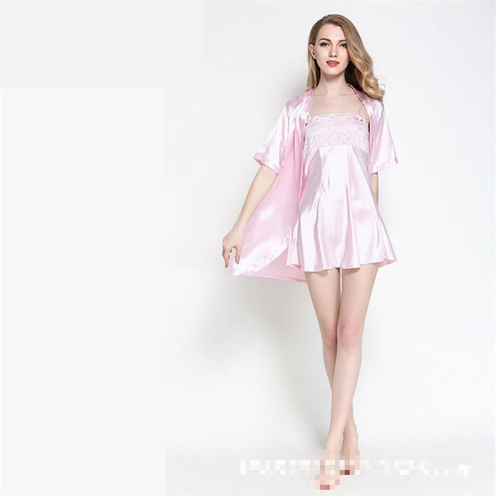 Elegant pink satin nightdress with lace detailing, featuring a flowing short kimono-style robe, perfect for a stylish and comfortable sleepwear choice.