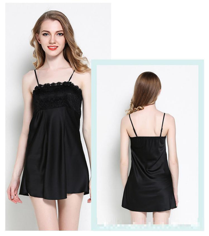 Black satin lingerie nightdress with lace detailing, featuring adjustable spaghetti straps and a flowing silhouette.