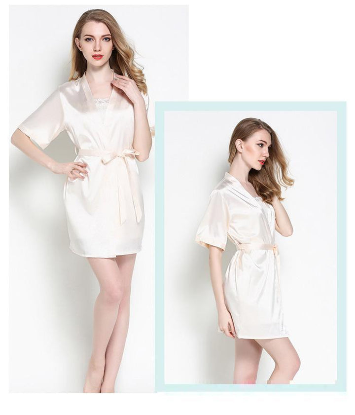 Satin short robe in cream with a tie belt, styled with short sleeves, perfect for lingerie and nightwear collections.