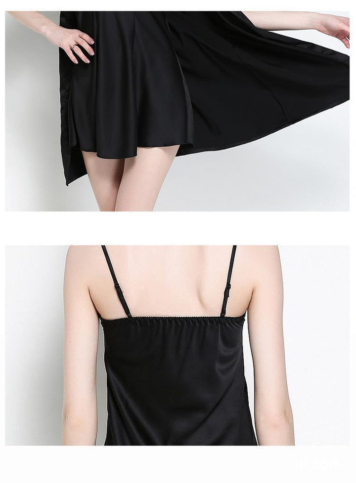 Black satin nightdress featuring a flowy silhouette, adjustable straps, and elegant detailing on the back.